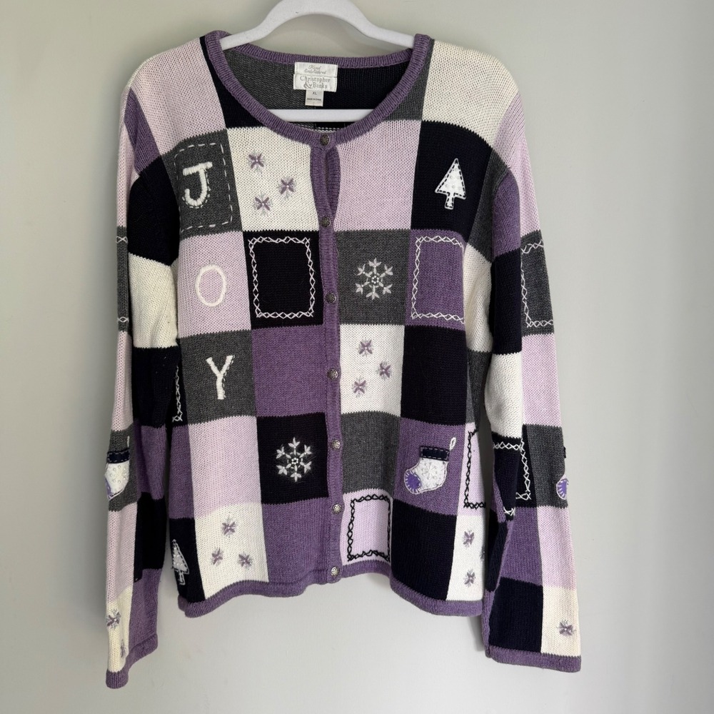 VTG Christopher & Banks Cardigan Sweater Purple Christmas Patchwork Size XL